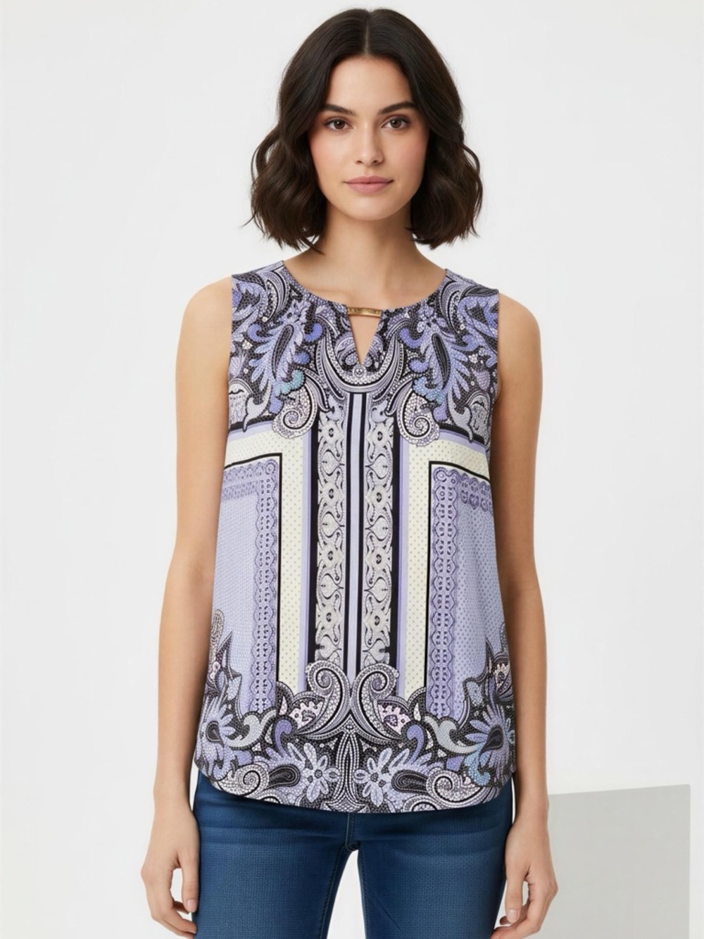 Dana Buchman Lightweight Sleeveless Keyhole Poka-Dot Paisley Blouse